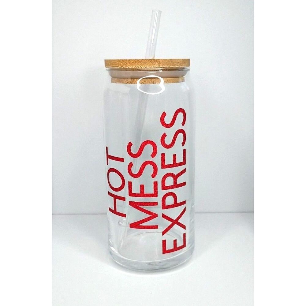 Hot Mess Express 20oz Glass Cup Funny Iced Coffee Cup Bamboo Lid Glass Can